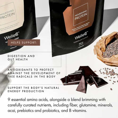 Miniatura 6 de WelleCo Proteína de chocolate en polvo a base de plantas, mezcla de arroz integral orgánico y guisantes, 0.56 oz de proteína por porción, suplemento