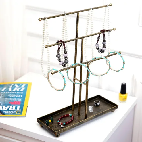 Miniatura 3 de MyGift Moderno organizador de joyas, 3 niveles de latón de metal para mesa, pulsera y collar, almacenamiento de joyas, estante para árbol