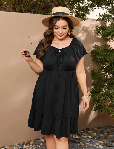 Miniatura 3 de ShopWonder Vestidos hawaianos de talla grande para mujer, vestido de cuello cuadrado, manga corta, casual, acampanado, vestido de verano