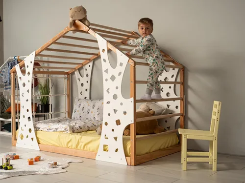 Miniatura 3 de Cama Montessori 2 en 1 tamaño individual con gimnasio interior para niños para actividades en el hogar, cama de piso fabricada en Europa