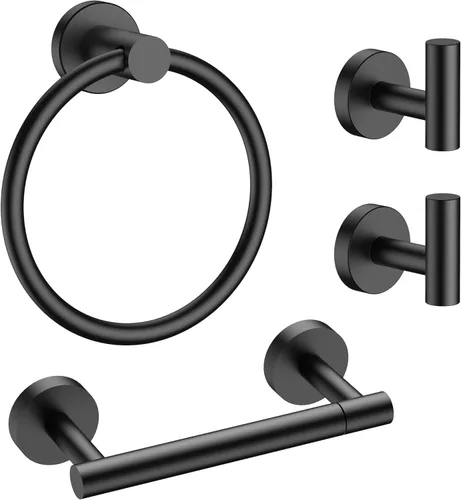 Miniatura 9 de FORIOUS 4 accesorios de baño, soporte para papel higiénico de acero inoxidable SUS304, anillo para toalla y 2 ganchos para toallas, juego de Negro
