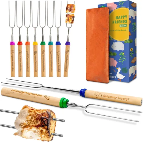 Miniatura 7 de CARPATHEN Juego de 10 palitos para asar malvaviscos con asas bellamente grabadas, perfectas como regalo, brochetas telescópicas de acero inoxidable