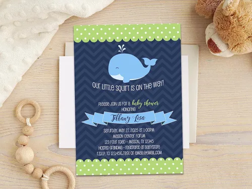 Miniatura 2 de Nautical Whale Baby Shower Invitations, Lime Green Navy Squirt with Envelopes, Personalized