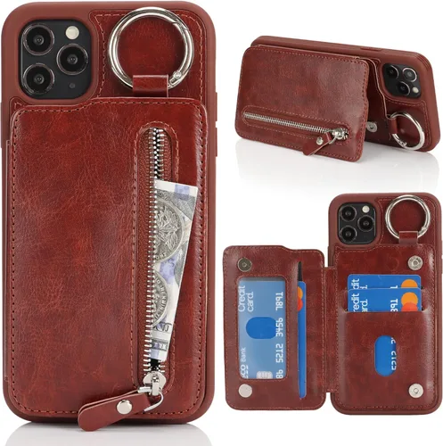 Miniatura 14 de Havaya Funda para iPhone 11 Pro Max con tarjetero y llavero, soporte de cuero, a prueba de golpes, con ranuras para tarjetas de crédito, cremallera