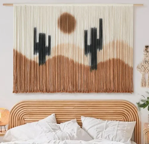 Miniatura 9 de Flber Tapiz de macramé para colgar en la pared, diseño geométrico de teñido anudado negro, decoración de pared bohemia para el hogar, 59 pulgadas