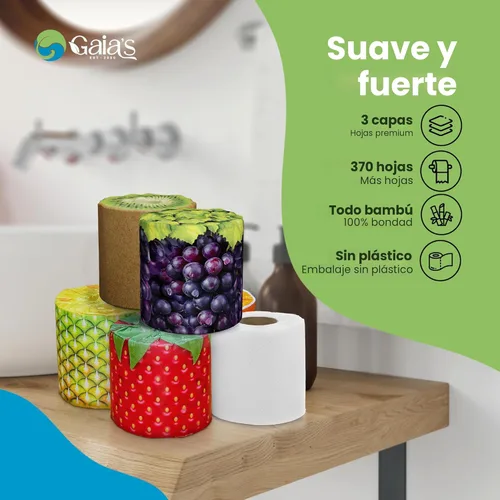 Miniatura 7 de Gaia's Premium y suave papel higiénico de bambú orgánico con aroma a fruta 12 mega rollos, 3 capas, 370 hojas Certificado FSC, libre de PFAS