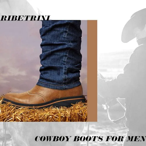 Miniatura 2 de Botas vaqueras bordadas para hombre, botas vaqueras duraderas con punta cuadrada, tacón grueso, plataforma de piel sintética, botas de media