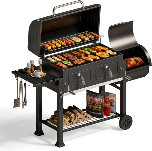 Miniatura 9 de MFSTUDIO Parrilla de carbón para barbacoa multifuncional extra grande de 49 pulgadas con control de temperatura, mesa auxiliar y bandeja de cenizas