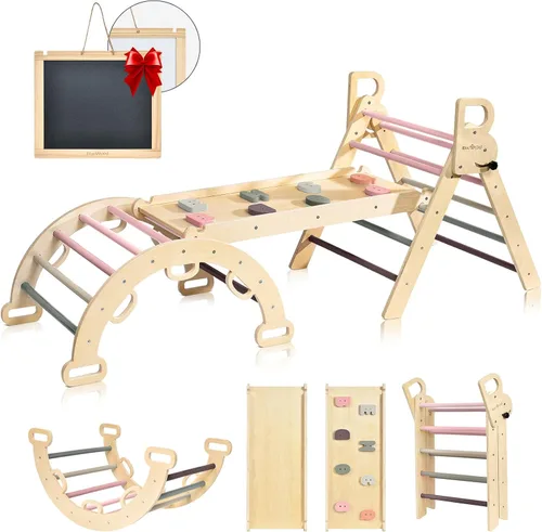 BlueWood Juego de triángulo Pikler, conjunto plegable de 7 en 1 de madera para escaladores de niños pequeños, patio de juegos interior, gimnasio de