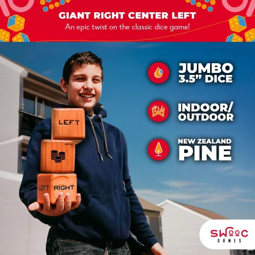 Miniatura 2 de SWOOC Games® - Juego de dados gigantes, derecha, centro, izquierda (para cualquier clima) con 24 fichas grandes y bolsa de transporte - Juego