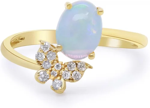 Gin & Grace Anillo de ópalo etíope natural de oro amarillo de 10 quilates con diamantes para mujer | Joyería hecha a mano de ópalo con forma de