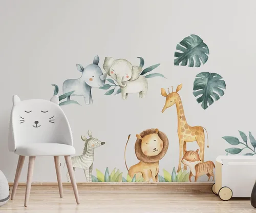 Miniatura 5 de Calcomanía de pared para niños, animales de safari, para guardería, animales africanos, extraíble, despegar y pegar, calcomanías de rey león