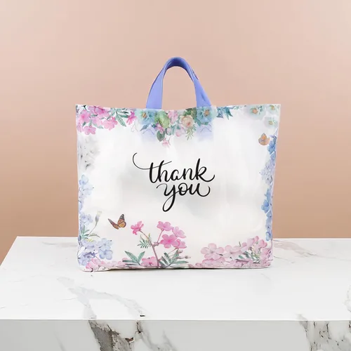 Miniatura 2 de Purple Q Crafts Bolsas de agradecimiento con asa de bucle suave para negocios minoristas, paquete de 50 bolsas de plástico floral de 15 pulgadas