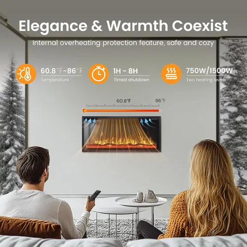 Miniatura 7 de PPHI Villa - Chimenea eléctrica ultra estrecha de 42 pulgadas, chimenea realista de alta llama montada en la pared/empotrada con cama multimedia