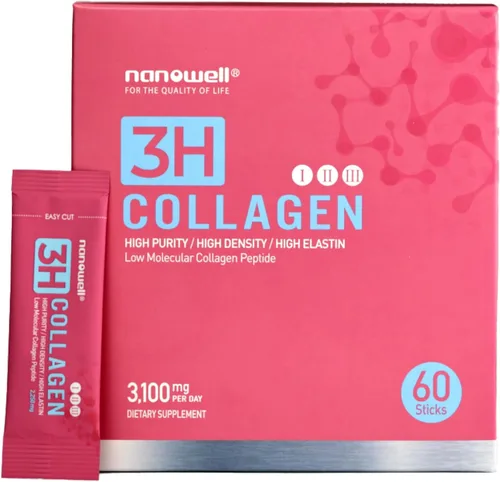 NANOWELL Polvo de péptido de colágeno 3H - Tipos I, II y III con vitamina C, péptido de elastina hidrolizado y ácido hialurónico - Soporta cabello,