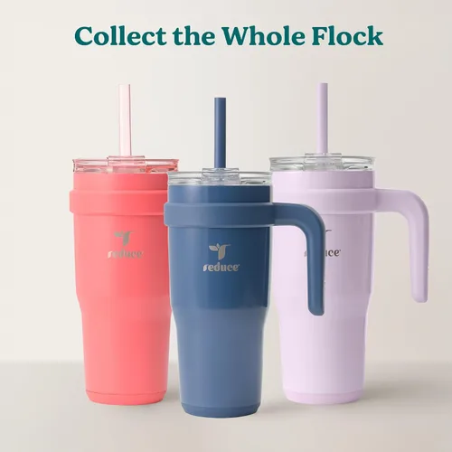 Miniatura 7 de REDUCE Vaso de acero inoxidable de 24 onzas con asa, con aislamiento al vacío de doble pared, tapa a prueba de sudor y popote reutilizable, mantiene
