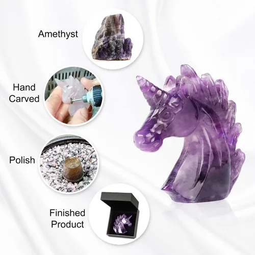 Miniatura 4 de Artistone Estatua de unicornio de cristal de amatista de 3 pulgadas, piedra preciosa tallada a mano, piedra de caballo de unicornio morado, figuras