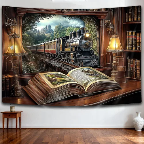 Miniatura 10 de Tapiz de Tren de Vapor, Tapices de Paisaje Otoñal de Tren de Motor Antiguo Decoración para Niños, Tapices de Arte de Acuarela de Bosque de Montaña