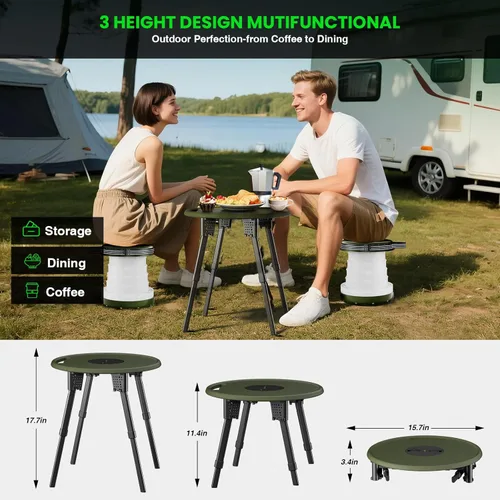 Miniatura 3 de Juego de mesa de camping LED con taburetes, capacidad de 300 libras, altura ajustable, mesa plegable y sillas, diseño compacto todo en uno para Negro