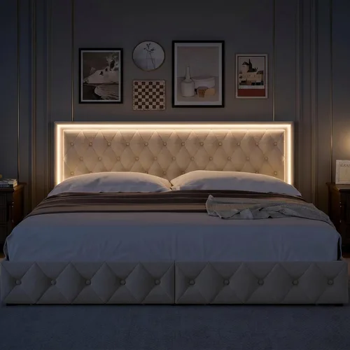 Miniatura 8 de Keyluv Marco de Cama Tapizada con LED Tamaño King con 4 Cajones, Cama de Plataforma de Terciopelo con Almacenamiento con Cabecero Capitoné de Beige