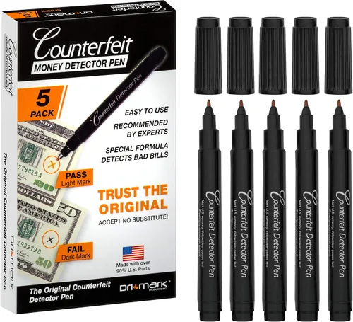 Dri Mark CFD5PK - Marcador detector de billetes falsificados, fabricado en los Estados Unidos, 3 veces más tinta, tamaño de bolsillo, verificador de