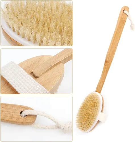 Miniatura 6 de Cepillo corporal de baño y ducha, cepillado de piel seca con cerdas de jabalí 100% naturales y mango desmontable de bambú de 16 pulgadas de largo