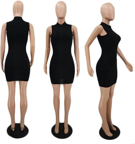Miniatura 5 de Yanfoam Vestido sexy con cuello en V para mujer, con cremallera sólida, sin mangas, elástico, mini vestido de cóctel