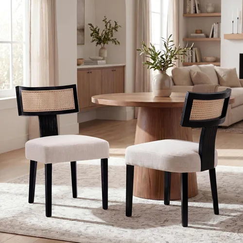 Miniatura 15 de VESCASA Juego de 2 sillas de comedor modernas de mediados de siglo, sillas de comedor tapizadas de lino con respaldo curvado ergonómico, patas