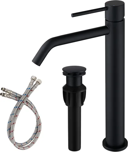 Grifo de fregadero negro con ensamblaje de drenaje y líneas de suministro cUPC, grifos negros mate de acero inoxidable para fregadero de baño, grifo