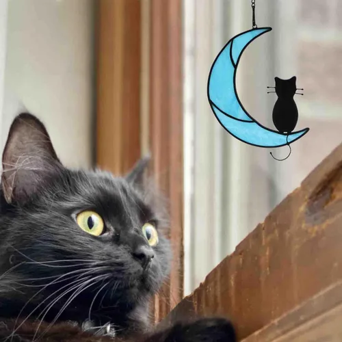 Miniatura 7 de Black Cat Decor On Moon Suncatcher Decoration,Cat Memorial Gifts for Cats Lovers Stained Glass Window Hangingt,Cats Loss Sympathy Gift,Pet Memorial