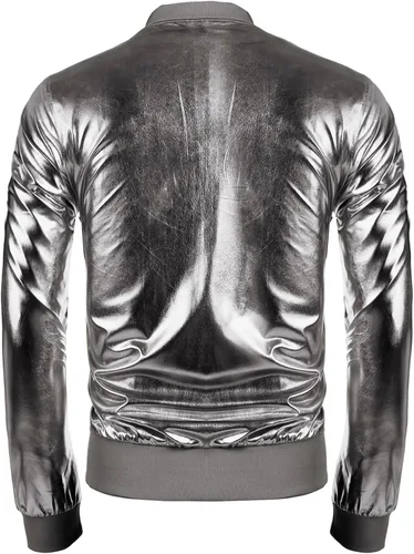 Miniatura 3 de COOFANDY Chaqueta metálica para hombre, diseño de los años 70, disco y fiesta de Navidad, chaqueta universitaria con cremallera