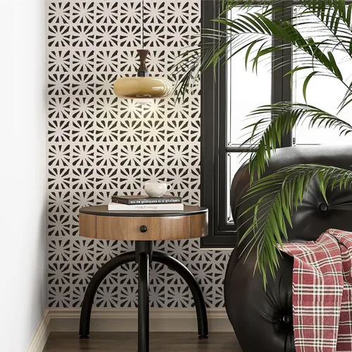 Miniatura 3 de Ismoon Papel tapiz autoadhesivo bohemio para despegar y pegar, papel de contacto geométrico negro y beige, 17.3 x 78.7 pulgadas, papel de pared