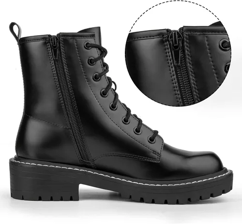 Miniatura 3 de ICHIGO Botines al tobillo de moda para mujer, botas de combate con 8 ojales, cremallera lateral y cordones