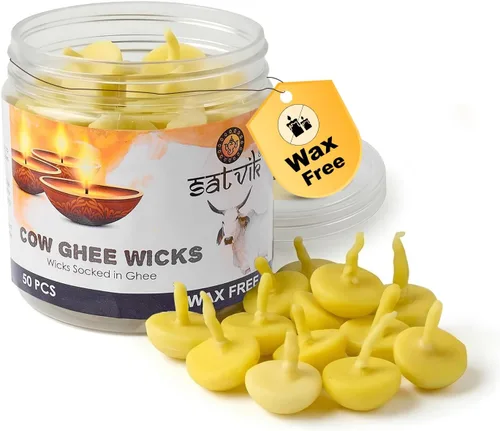 SATVIK - Mechas de ghee de vaca pura de 50 piezas para Puja (hasta 30 minutos) Ghee Diya Pooja Home y Mandir. Nitya Pujan Readymade Ghee Diya Pujan