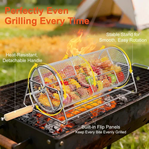 Miniatura 5 de Cestas giratorias para parrilla, acero inoxidable 304, incluso para cocinar, red de parrilla de anidación, accesorios de barbacoa para verduras