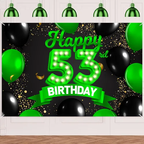 Miniatura 26 de Cartel de feliz cumpleaños 26 verde y negro, telón de fondo con texto en inglés "Cheers to 26 years old confeti", globos de confeti, decoración