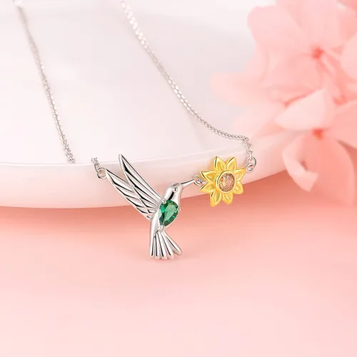 Miniatura 3 de Bolelis Collares de plata de ley con colibrí para mujer, chapado en oro, colgante de flor de pájaro adornado con circonita brillante, joyería