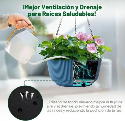 Miniatura 4 de T4U Macetas colgantes de 8 pulgadas para plantas de interior y exterior, juego de 2 macetas auto-regantes con agujero de drenaje, tapón y cadena
