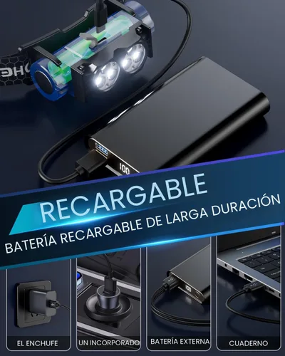 Miniatura 9 de Linterna frontal recargable, 2 unidades, 4500 L, luz súper brillante, LED, recargable con luz blanca, lámpara de cabeza impermeable con diadema