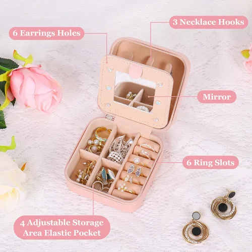 Miniatura 2 de Joyero de viaje, pequeño joyero, regalos para mujeres y niñas, mini organizador de joyas portátil rosa para aretes, anillos, collares con inicial D