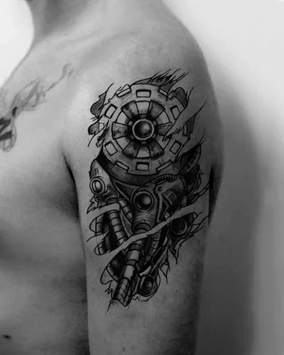 Miniatura 4 de 6 hojas de tatuajes temporales de equipo mecánico biomecánico para hombres, reloj de engranaje robot negro y gris, impermeable, calcomanías falsas