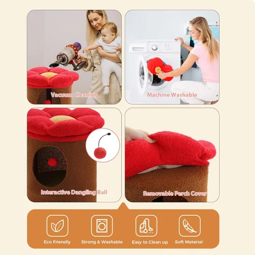 Miniatura 3 de PETEPELA Camas para gatos de 2 niveles para gatos de interior, casa de árbol para gatos con cama de flores extraíble, lindo escondite de gatos