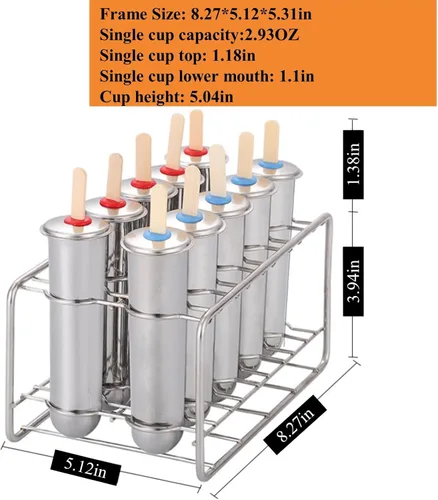 Miniatura 2 de 10 moldes de acero inoxidable para paletas y moldes para paletas de helado con 10 máquinas redondas de paletas de hielo + 100 palos de bambú Plata