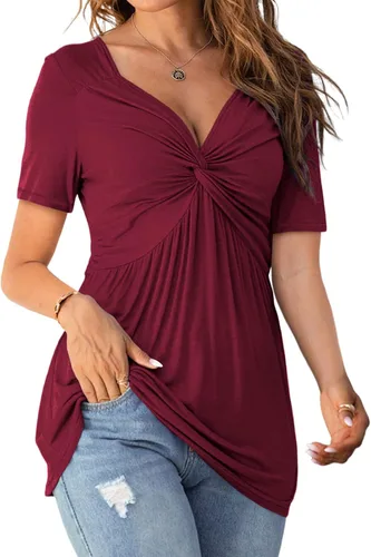 Miniatura 2 de Tankaneo Womens Front Knotted V-Neck Blouse T Shirt Short Sleeve Oversized Tunic Tops Summer Solid Pullover Tees