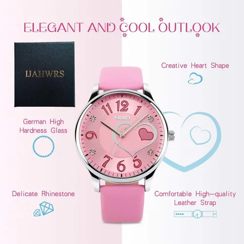 Miniatura 5 de IJAHWRS Reloj analógico para niñas reloj de pulsera de cuarzo de moda correa de piel esfera grande divertido lindos relojes con forma de corazón