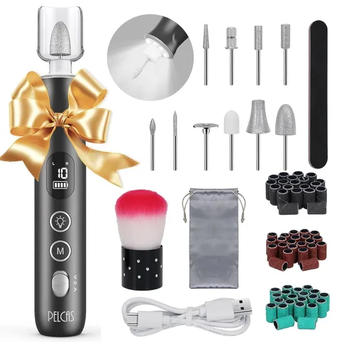 PELCAS Limadora de Uñas Eléctrica, taladro de uñas inalámbrico de 10 velocidades con luz LED, kit portátil de manicura y pedicura, lima de uñas con