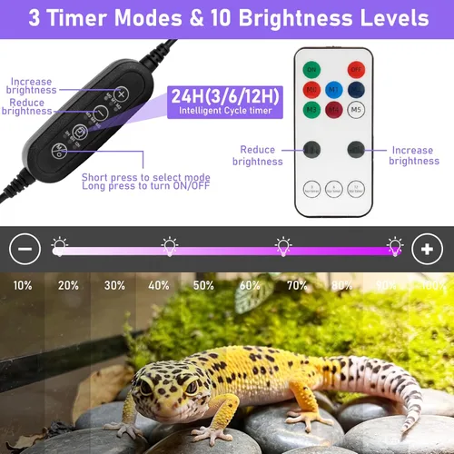 Miniatura 5 de Lámpara LED UVA UVB para reptiles, 12.0/10.0/5.0 UVB para reptiles de dragón barbudo, con 4 modos UV, atenuación de 10 niveles 6500K y temporizador