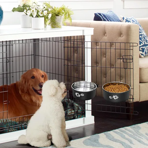 Miniatura 7 de Cuenco de agua para perrera, caja de acero inoxidable para perros, tazón de agua sin derrames, paquete de 2 cuencos colgantes para jaula de perrera