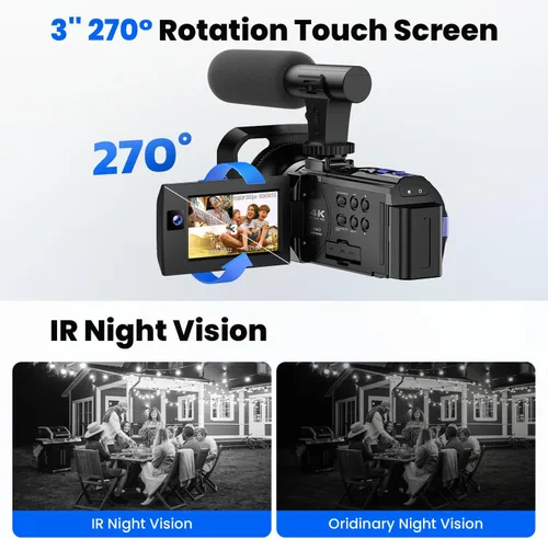 Miniatura 3 de Videocámara Camcorder 5K, Cámara de Vlogging de Doble Lente para YouTube, Pantalla Táctil WiFi Rotatoria de 3" 270°, 56MP