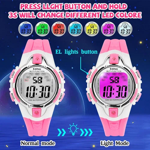 Miniatura 3 de Edillas Kids Watches Digital Girls Boys,7 Colors Light Wrist Watch for Child Waterproof Sport Outdoor Multifunctional Watches with StopwatchAlarm
